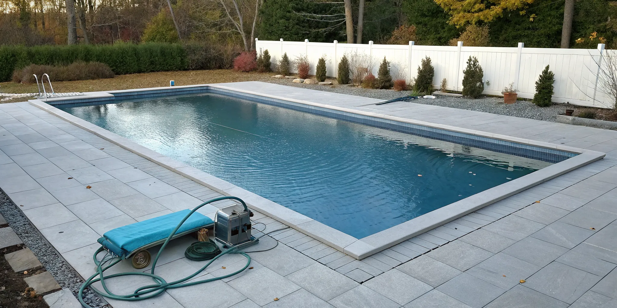 Inground pool drained to the proper level for winter, with a pump and hose on the deck.