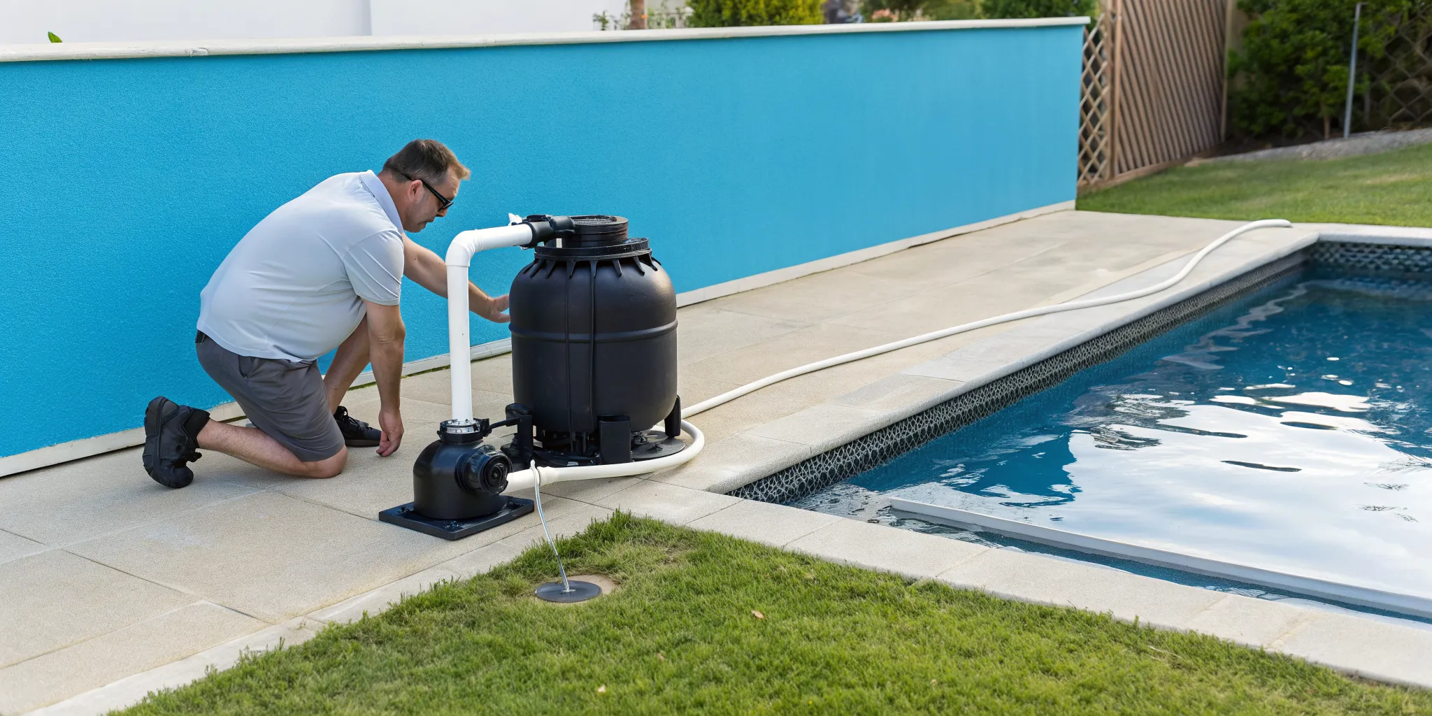 Man troubleshooting a noisy above ground pool pump.