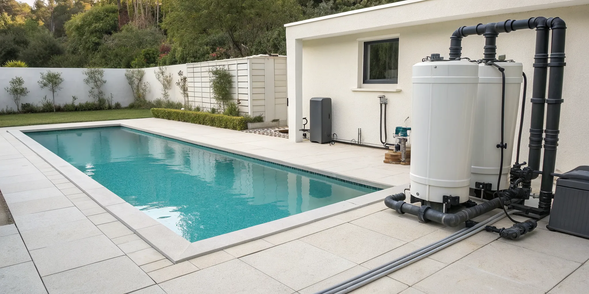 Control hardware for a pool automation system installed neatly beside a modern swimming pool.