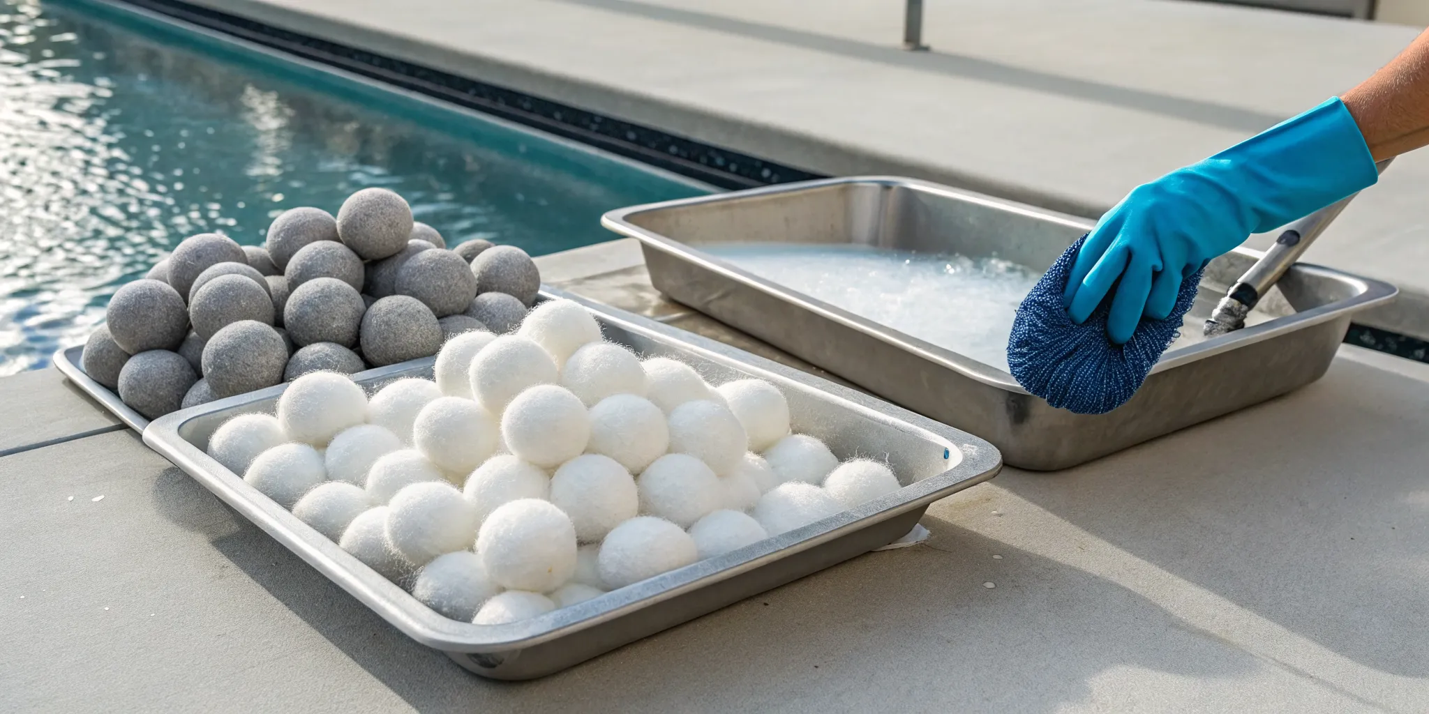 Hand washing dirty above ground pool filter balls to solve filtration problems.