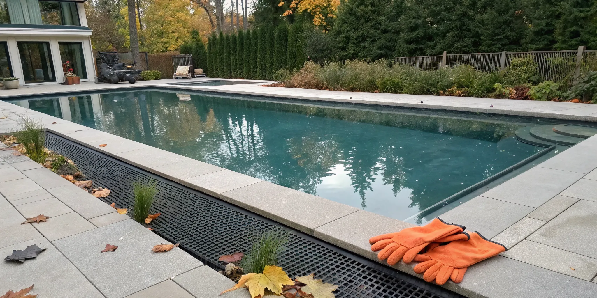 Gloves on the deck of an inground pool being winterized without lowering the water.