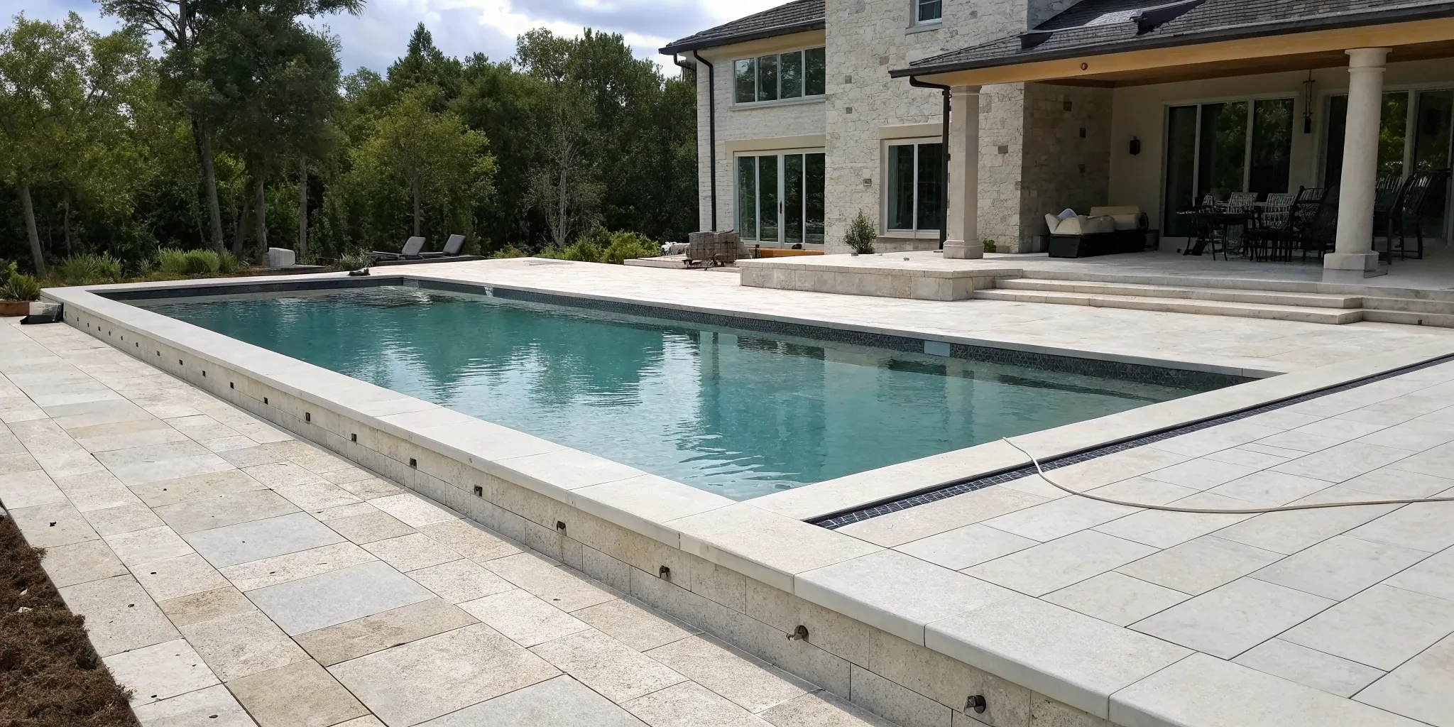 Modern backyard pool with newly replaced light-colored stone coping.