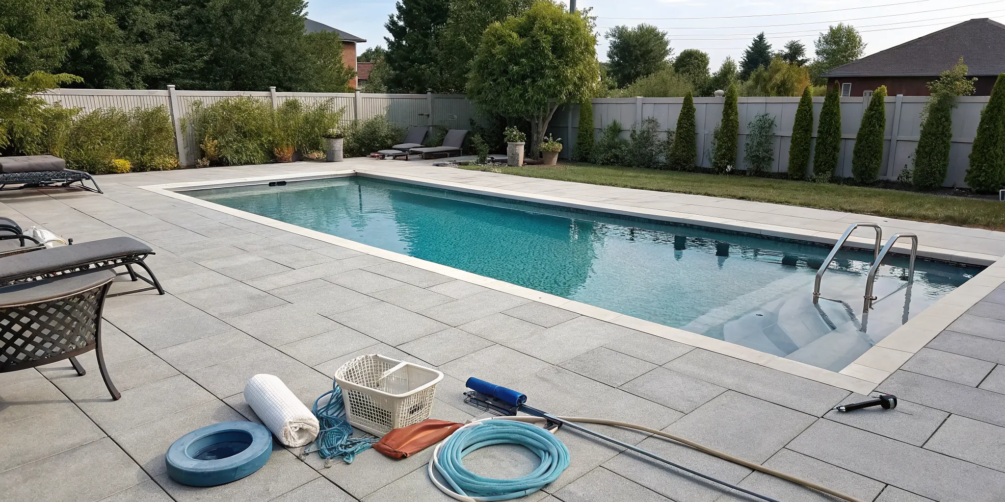 An inground pool with tools and supplies on the deck for the opening checklist.