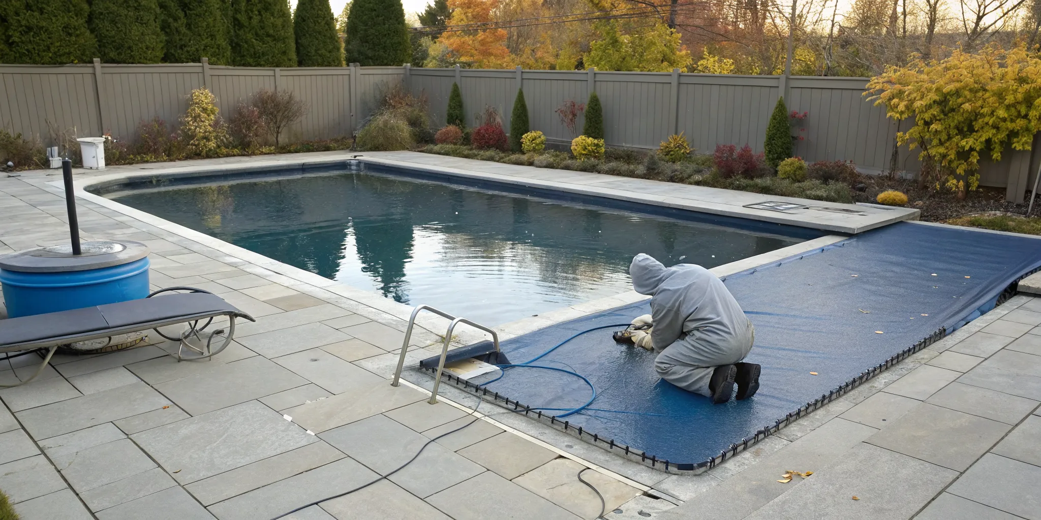 Professional covering an inground pool, a key factor in the cost to winterize.