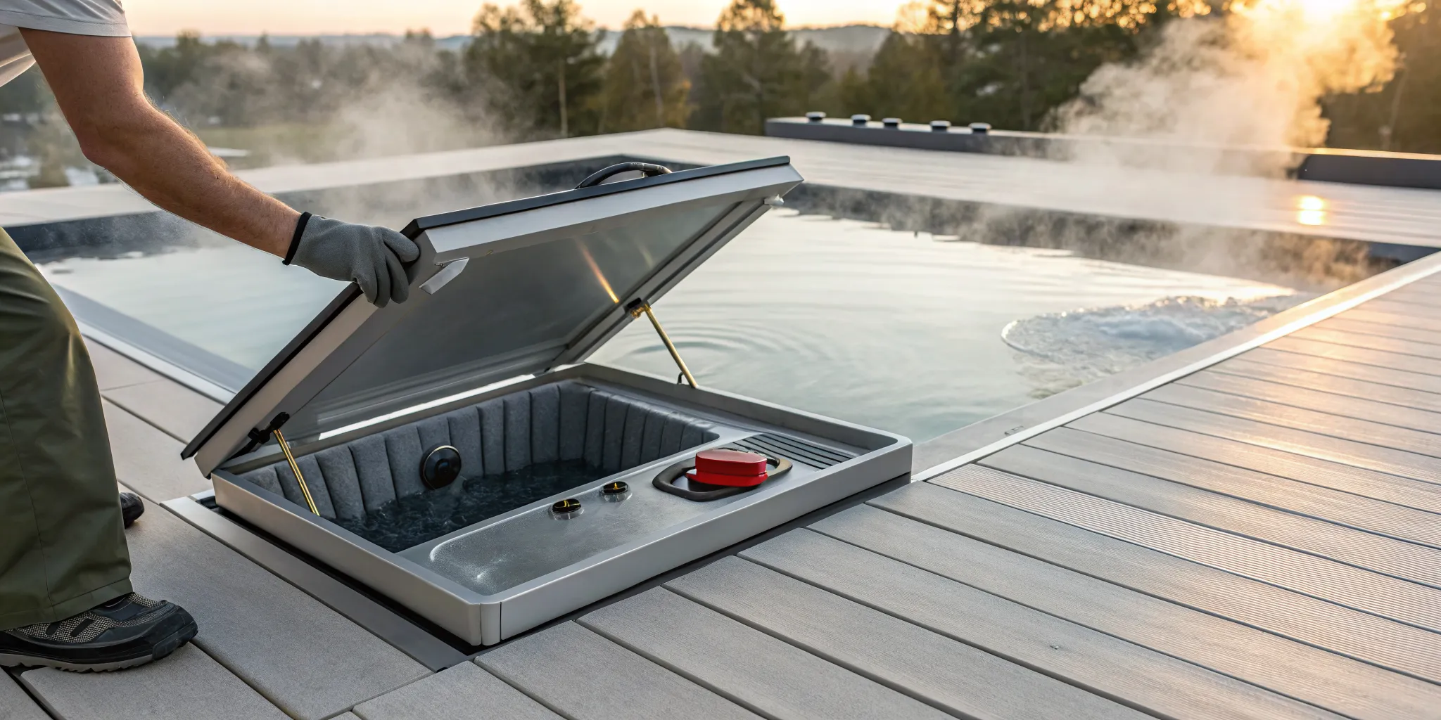 A hot tub heater's reset button visible inside the open service compartment.