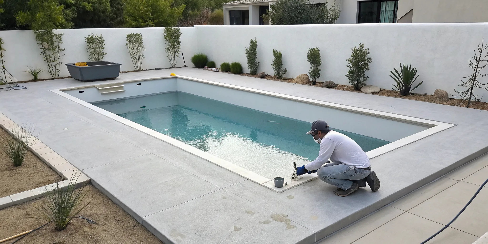 A worker replastering a 20x40 pool, factoring into the final cost.
