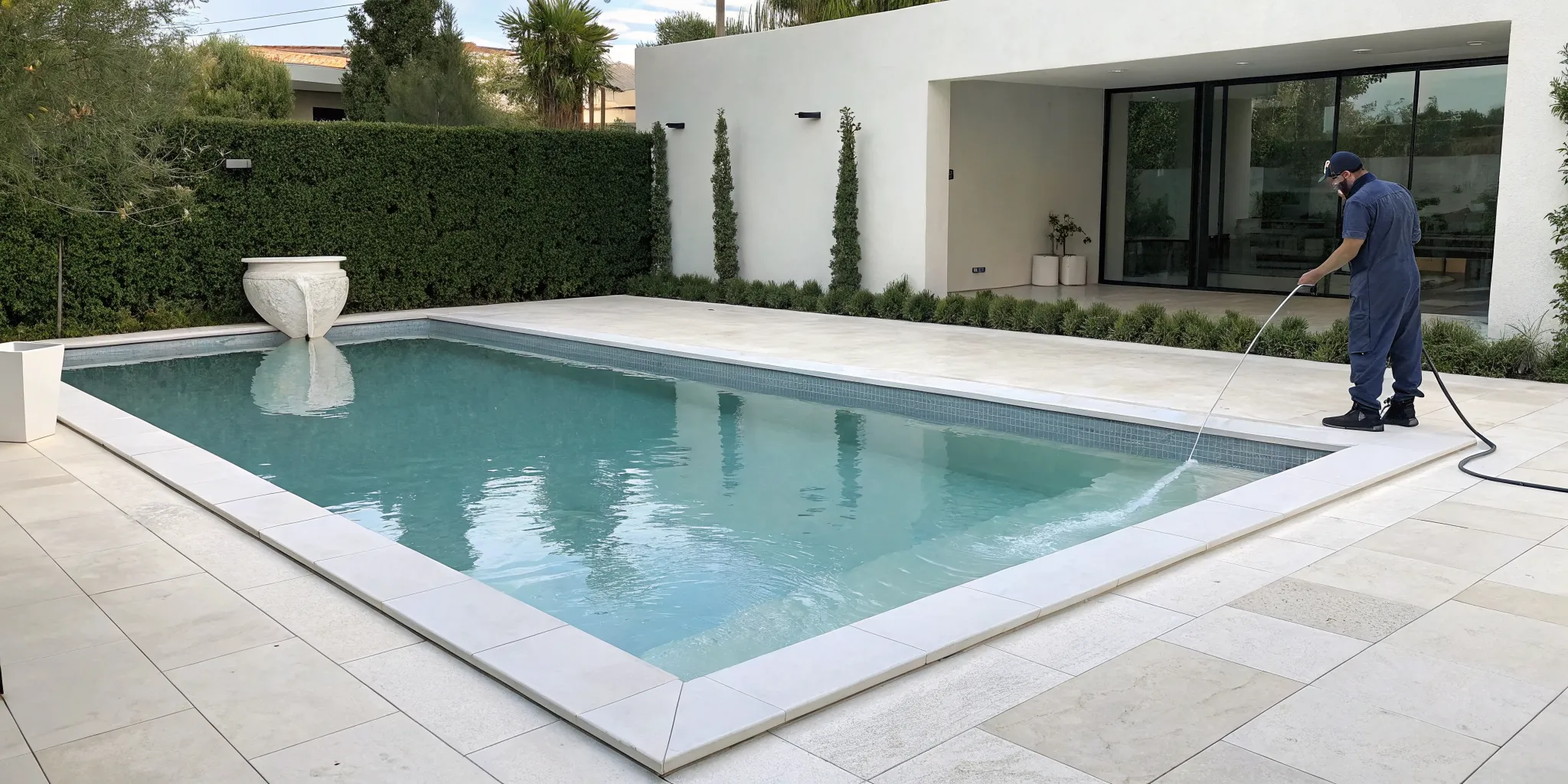 A professional acid washes a pool to remove stains and discoloration.
