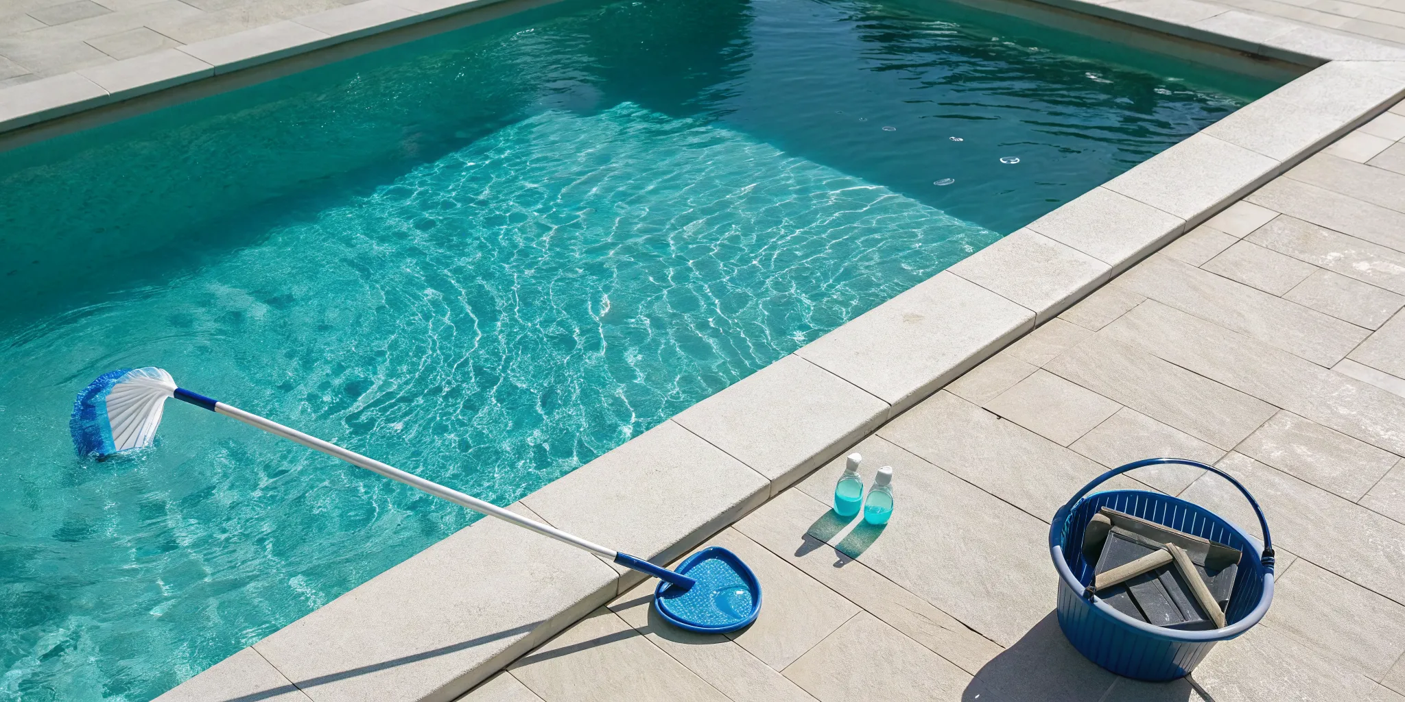 A beginner's kit of tools and chemicals for how to clean a pool, set next to the clear blue water.