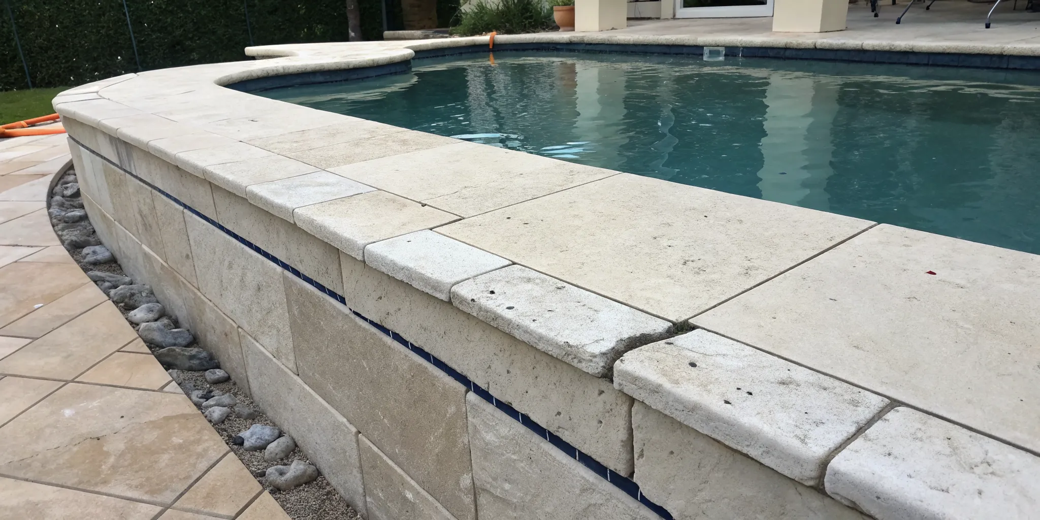 Cracked pool coping on a stone pool edge in need of a DIY fix.