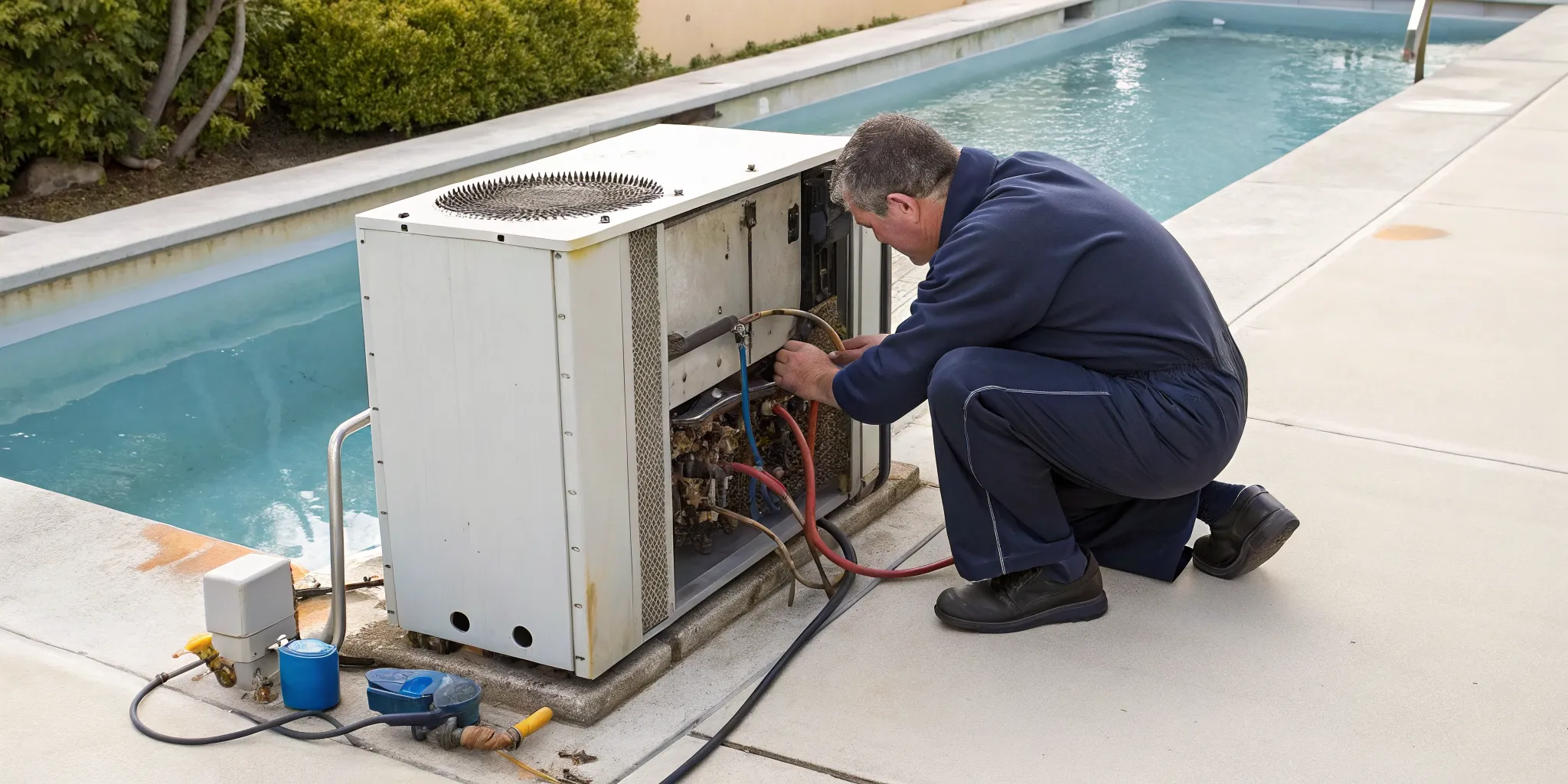 A technician performs a gas pool heater repair beside a swimming pool.