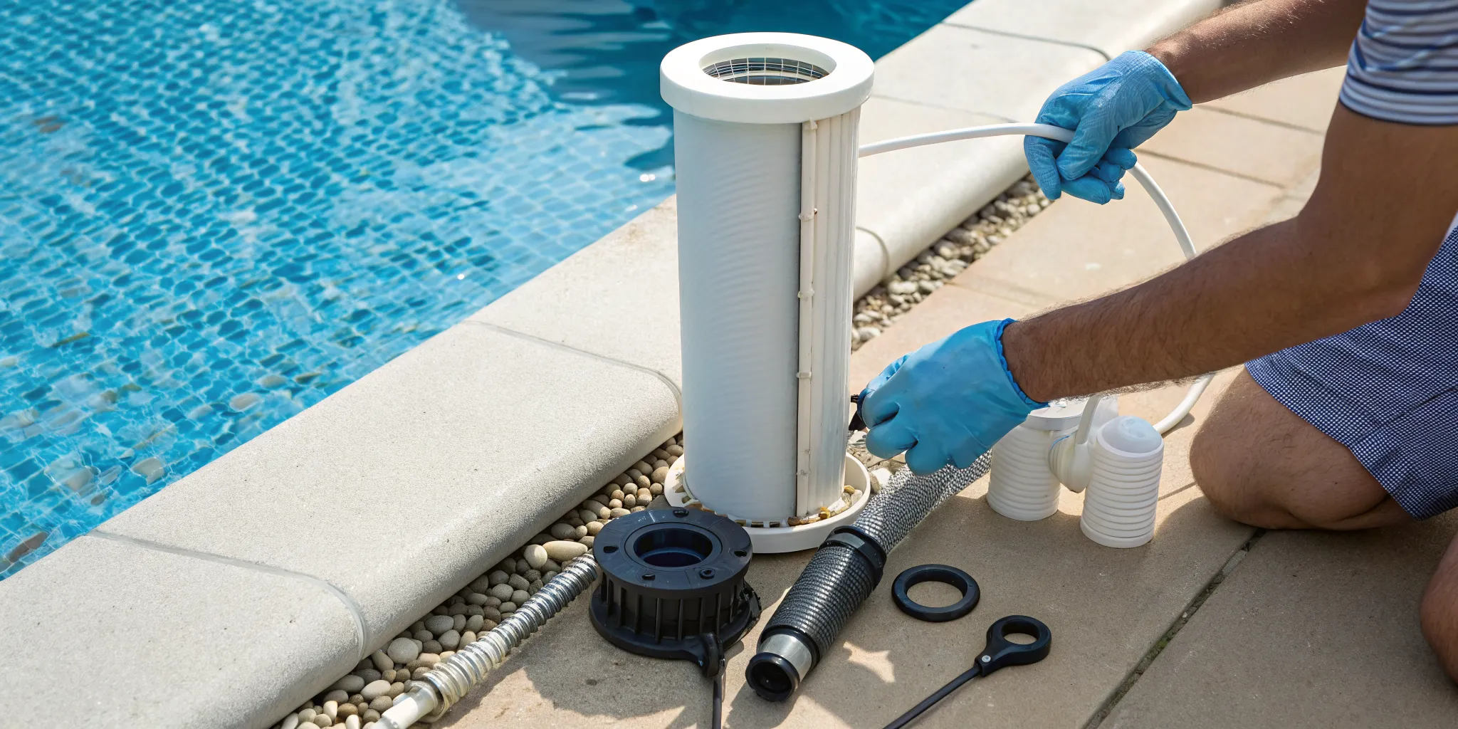 A person fixing a leak in a pool filter system's connections.
