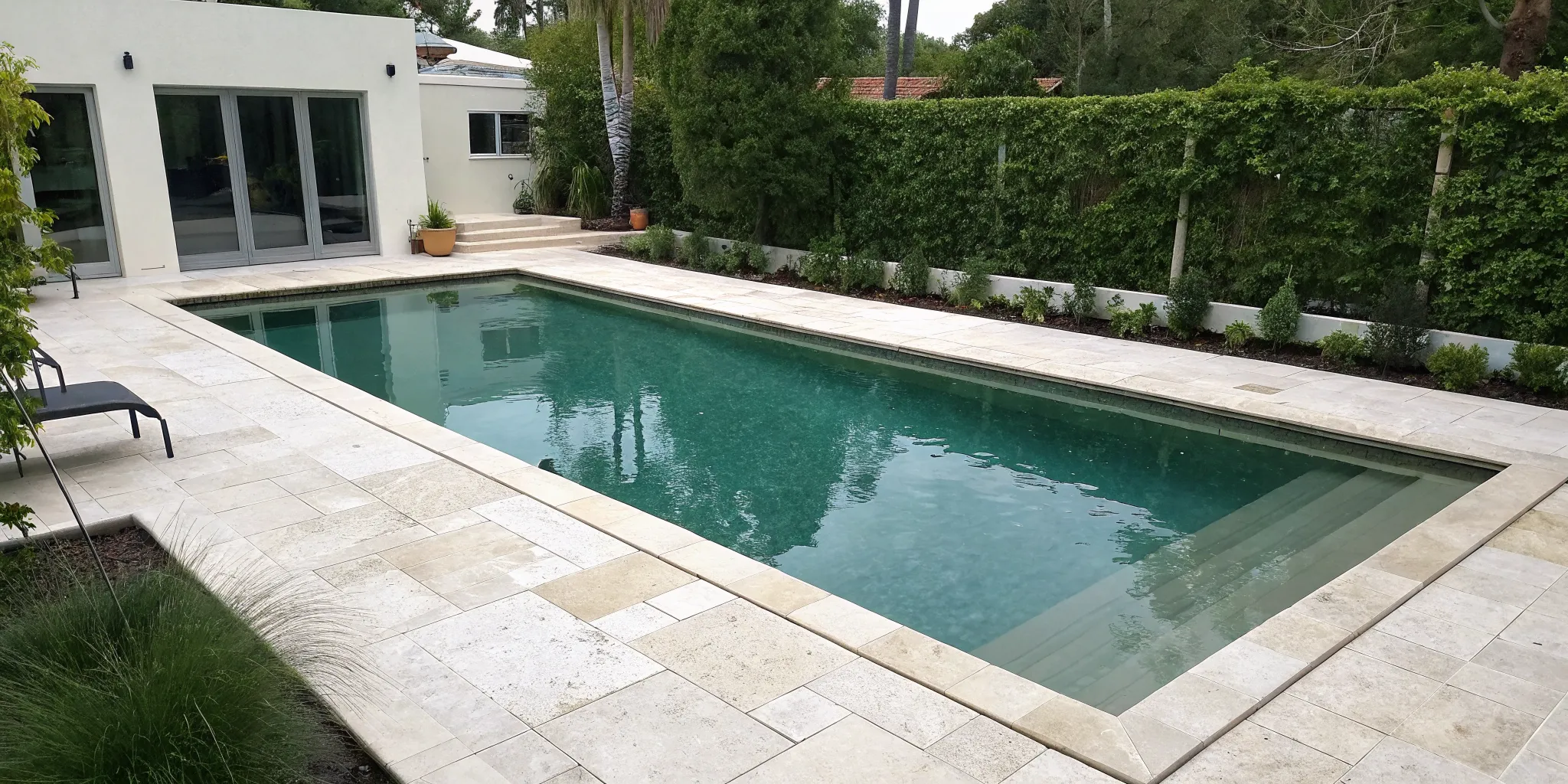 A backyard pool with green water from an algae bloom that needs to be fixed.