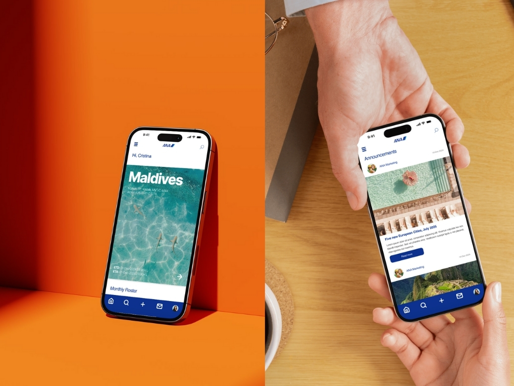 Two smartphones showing travel-related app screens, one with Maldives destination details and the other with announcements about new European cities.