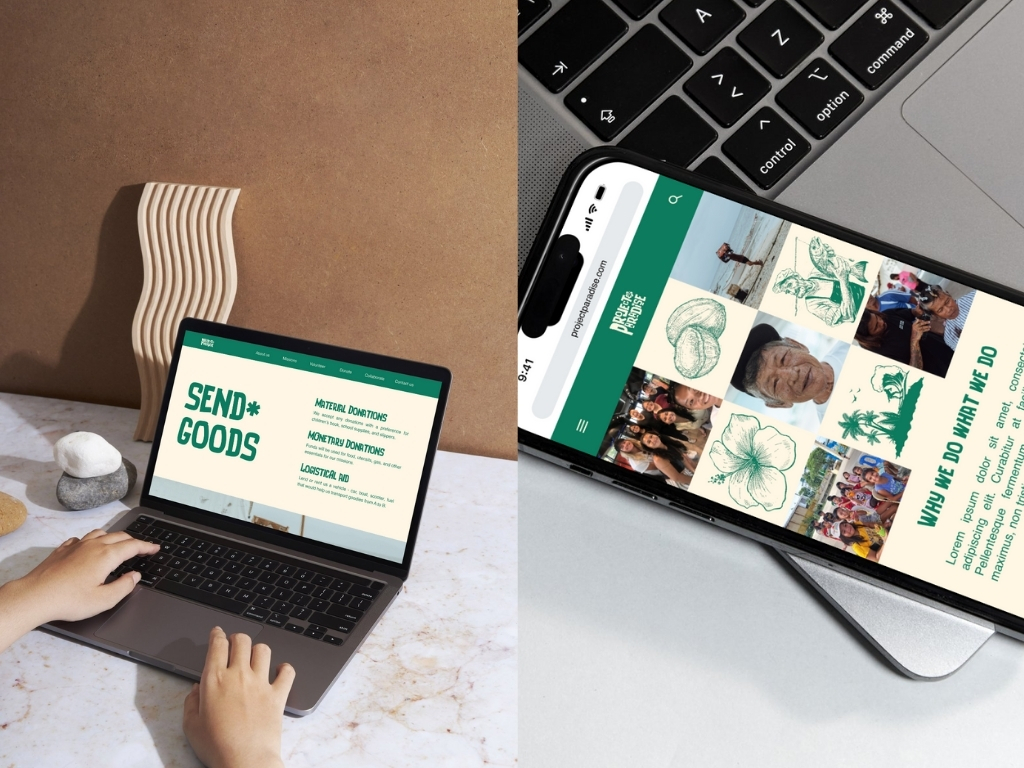 Split image showing a person typing on a laptop with a 'Send Goods' webpage open on the left, and a smartphone displaying a project webpage with images and text on the right.