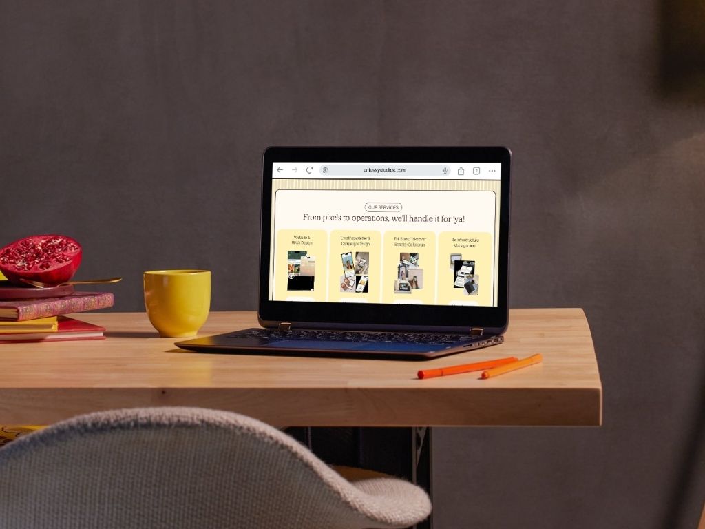 Top image: Open laptop showing a webpage about design ethos with text and a photo of a workspace with laptops and coffee. Bottom image: Person with glasses using a laptop displaying a webpage listing digital services on a light yellow background.