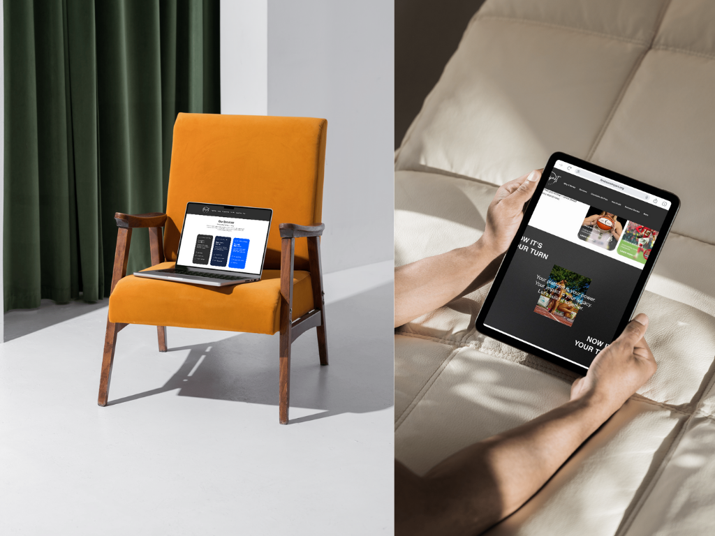 Left: Orange velvet armchair with a laptop displaying a website, in front of green curtains and white wall; Right: Person holding a tablet showing a website while seated on a beige leather surface.