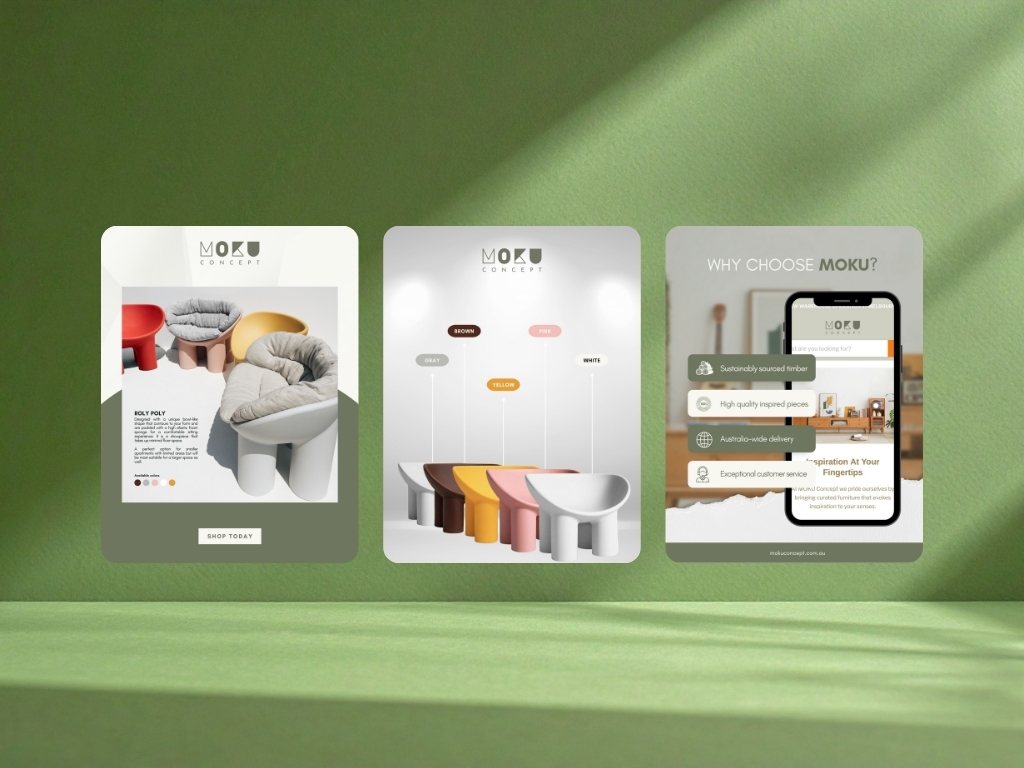 Three promotional panels for Moku Concept showing modern, colorful chairs, available colors, and key benefits like sustainably sourced timber.