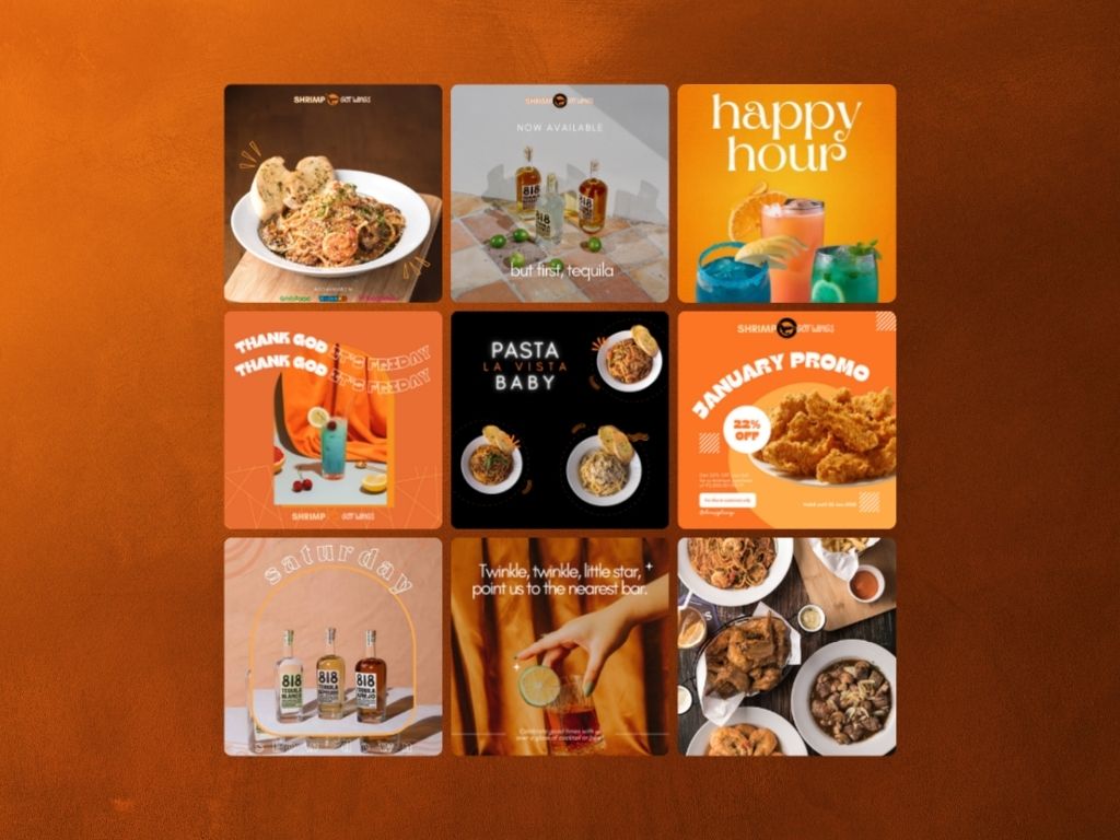 Collage of nine food and drink promotional images including pasta dishes, cocktails, tequila bottles, a fried chicken promo, and happy hour drinks on an orange background.