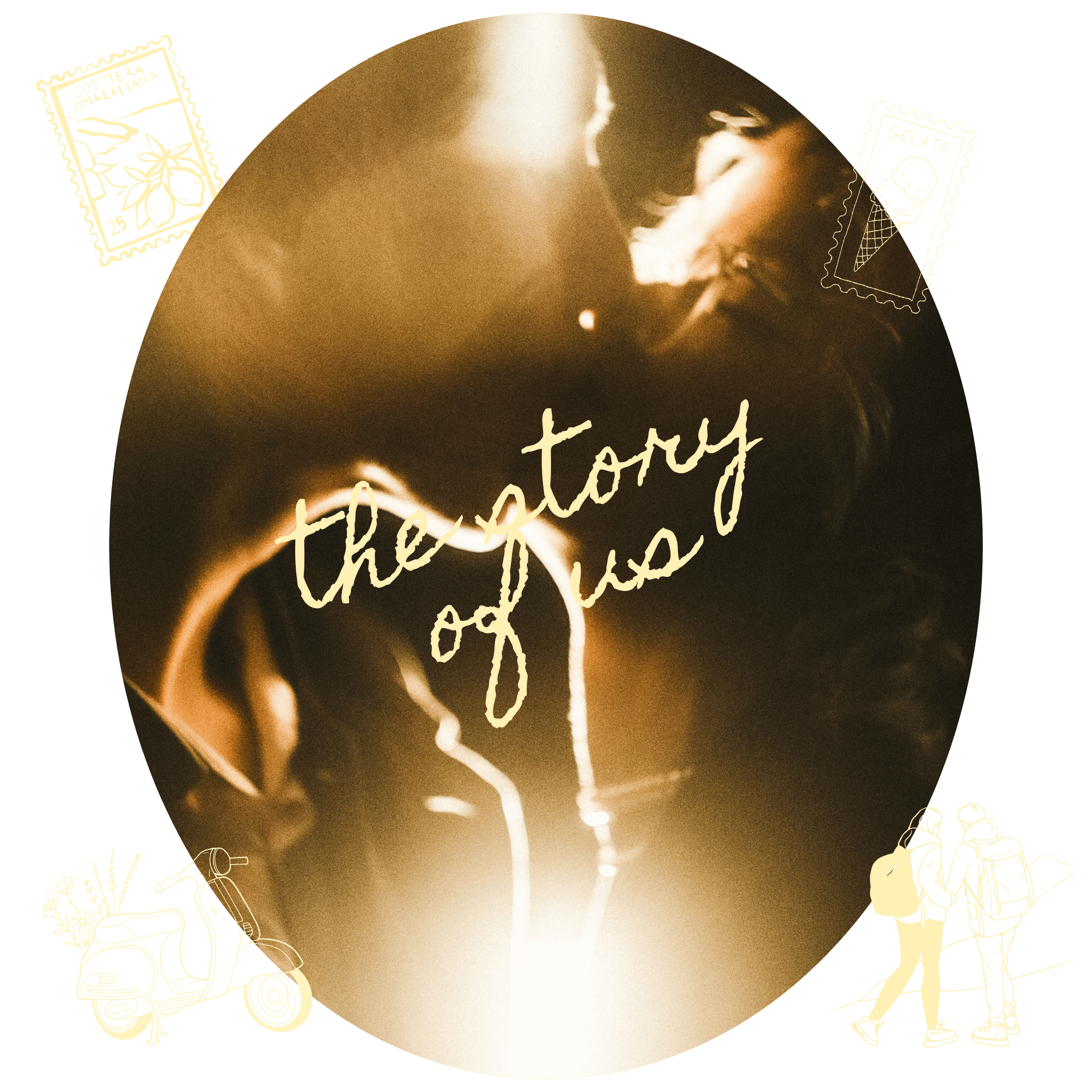 Dimly lit silhouette of a person with light shining brightly from below, overlaid with cursive text reading 'the story of us'.