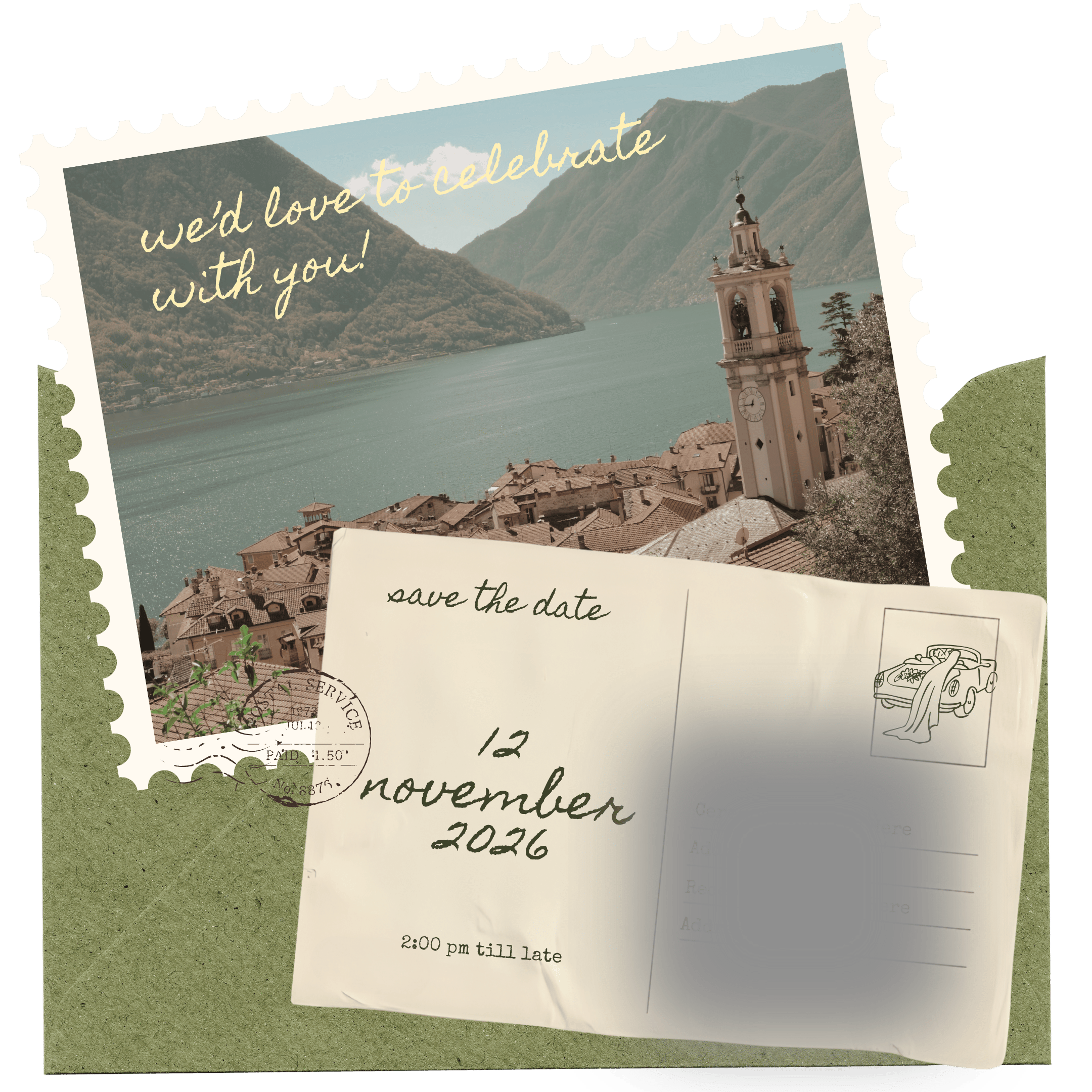 A postcard-style wedding save-the-date with a scenic lake and mountain village background, text reading 'we'd love to celebrate with you!', and a postcard overlay stating the date November 12, 2026, 2:00 pm till late, with placeholders for ceremony and reception addresses.