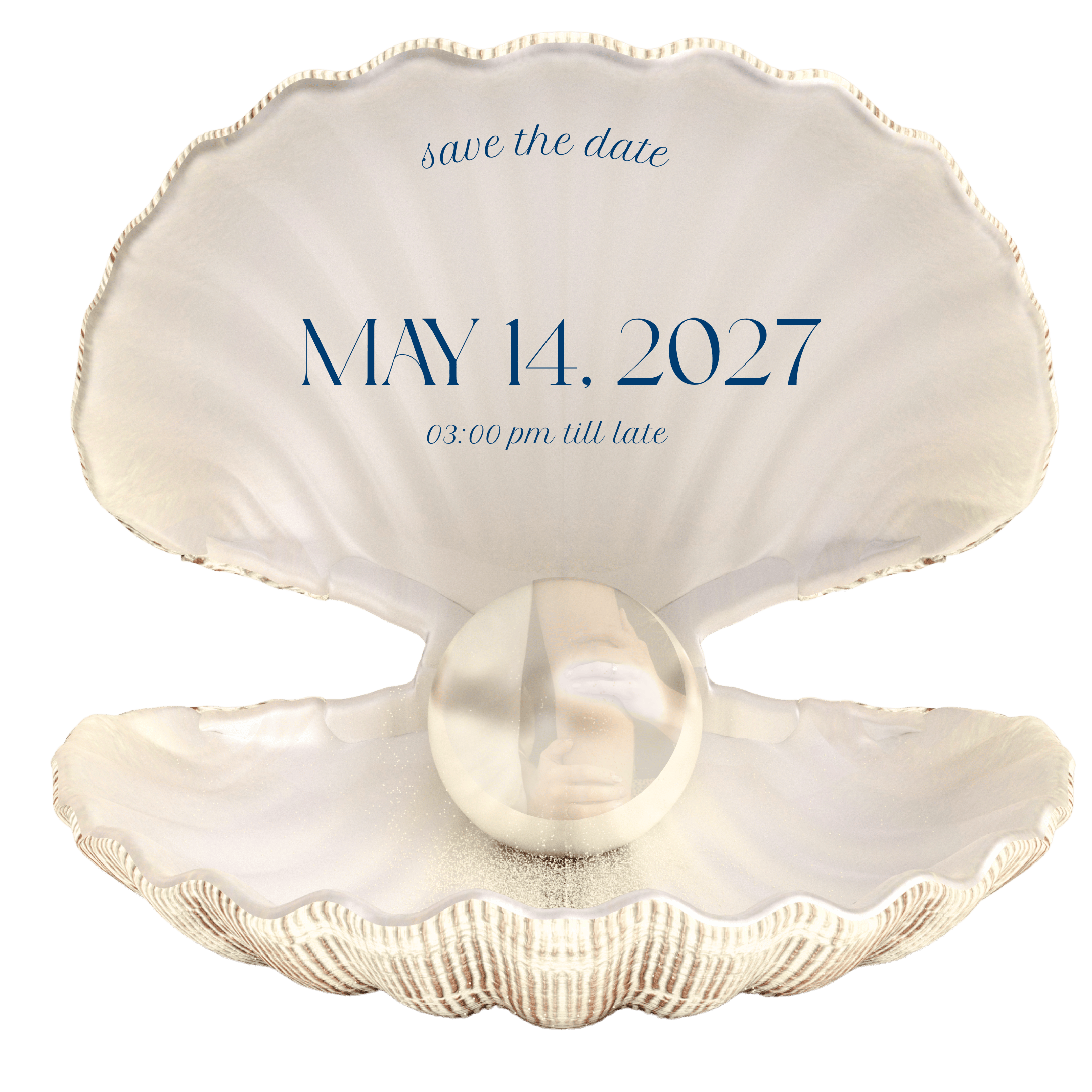 An open pearl shell with a large pearl inside displaying a save the date wedding invitation for May 14, 2027, starting at 3:00 pm until late.