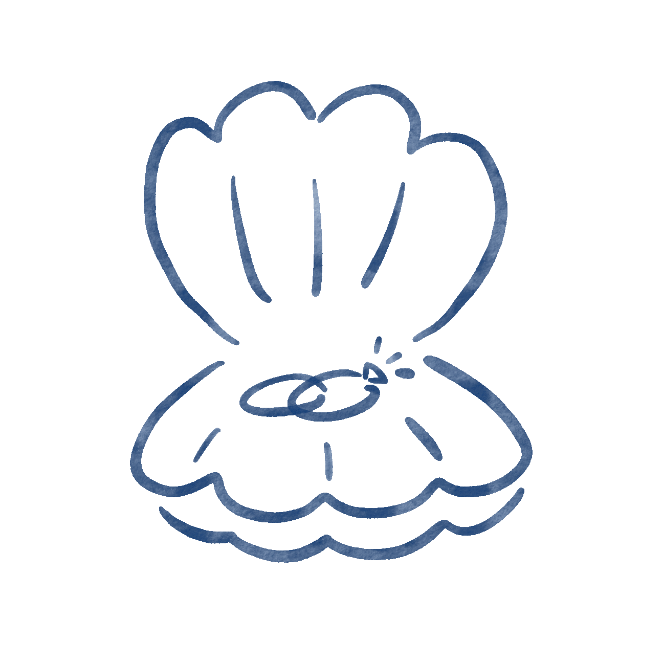 Simple blue line drawing of an open clam shell with two interlocked wedding rings inside, one with a small shining diamond.