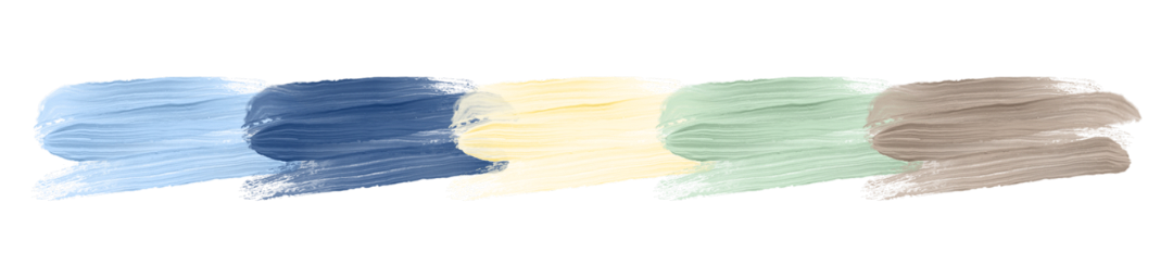 Five horizontal paint brush strokes in pastel colors, from left to right: light blue, dark blue, pale yellow, light green, and beige.