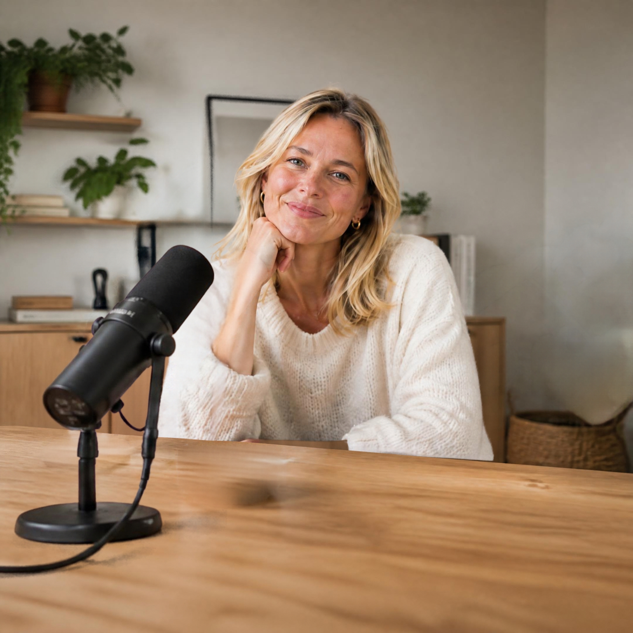 Smiling woman with blonde hair in a white sweater sitting at a wooden desk with a black microphone, in a room with plants and books on shelves behind her.