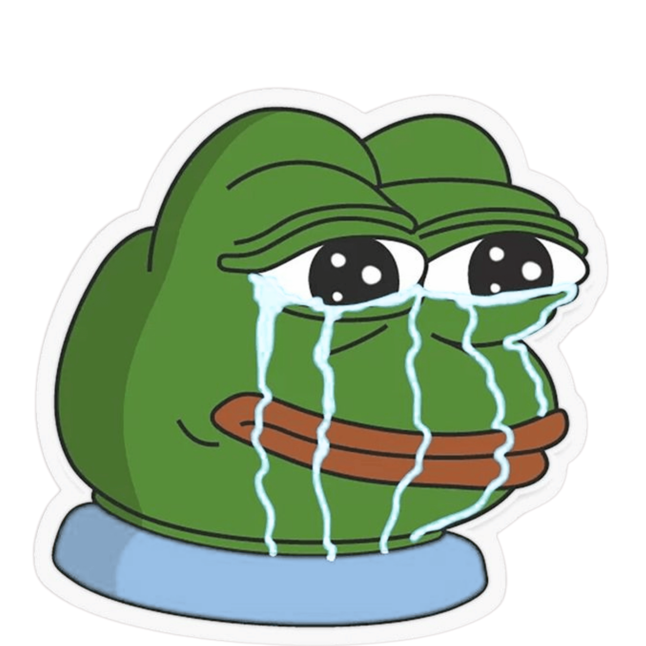 Pepe the Frog cartoon character with large tears streaming down its face, wearing a blue shirt, expressing sadness.