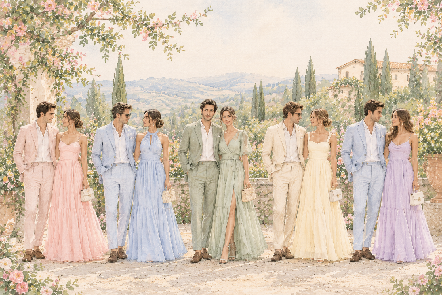 Six couples walk arm in arm outdoors in a garden setting with flowering vines and tall cypress trees. Each couple wears coordinated pastel outfits: the men in suits in shades of pink, blue, green, and cream, and the women in long flowing dresses in matching pastel colors of pink, blue, green, yellow, and lavender, carrying small handbags.