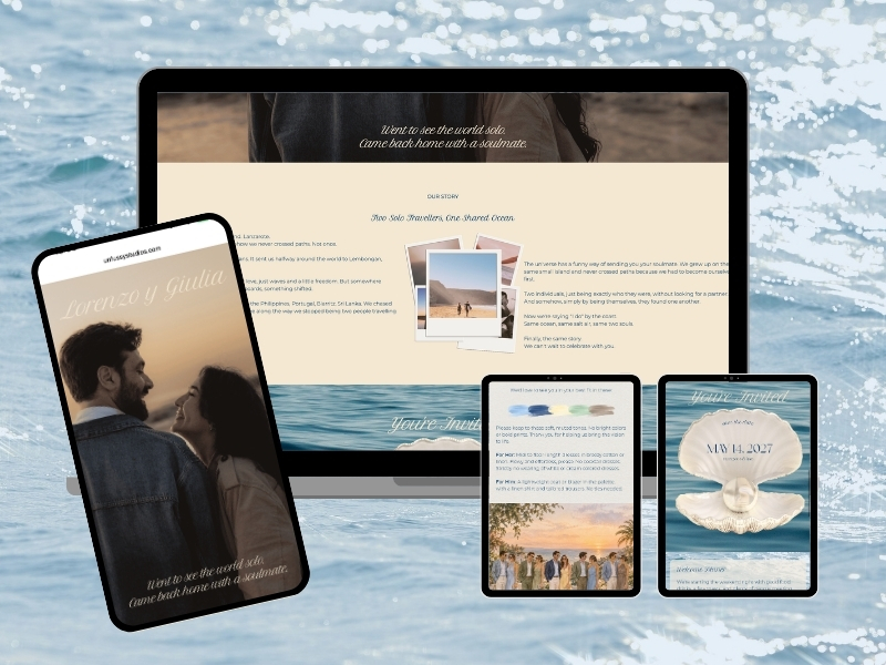 Digital devices displaying a wedding website for Lorenzo and Giulia, featuring a cover photo of the couple, an invitation with a pearl in a seashell, and event details styled with ocean and beach themes.