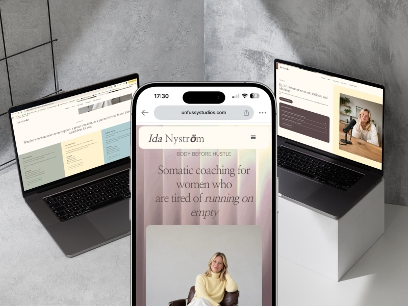 A marketing portfolio mockup showing a smartphone displaying a website for Ida Nyström featuring somatic coaching for women, placed between two laptops displaying different pages of the same website against a gray textured background.