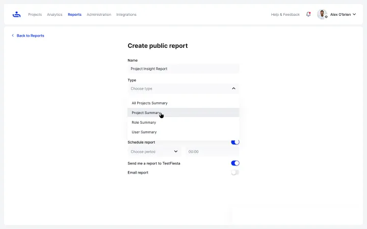 Customizable reports in TestFiesta