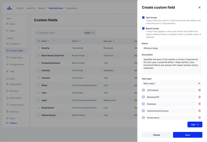 Custom fields in TestFiesta, a flexible test management tool.