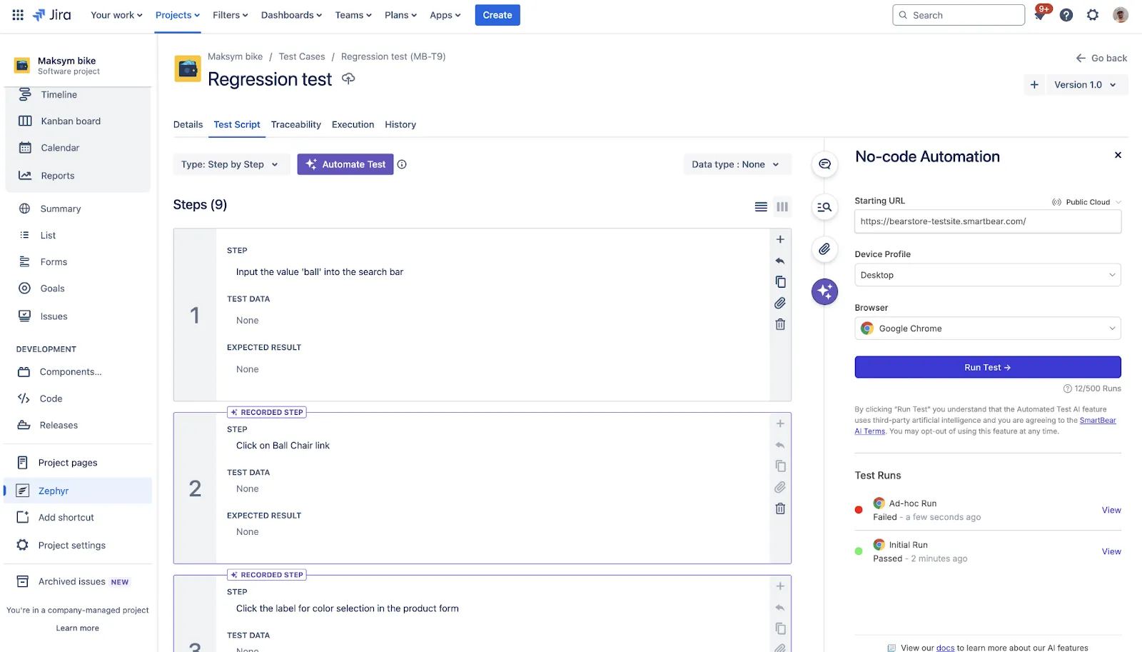 Zephyr test management interface inside Jira.
