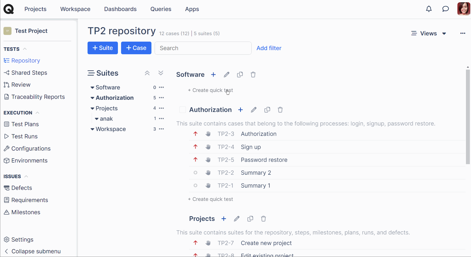 Qase test management interface screenshot. 