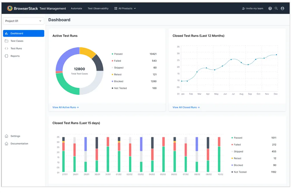 BrowserStack Test Management interface screenshot. 