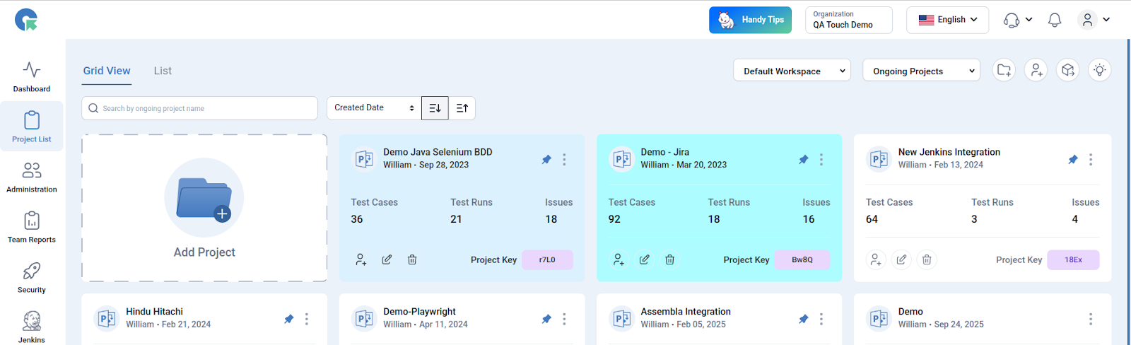  QA Touch test management interface screenshot.