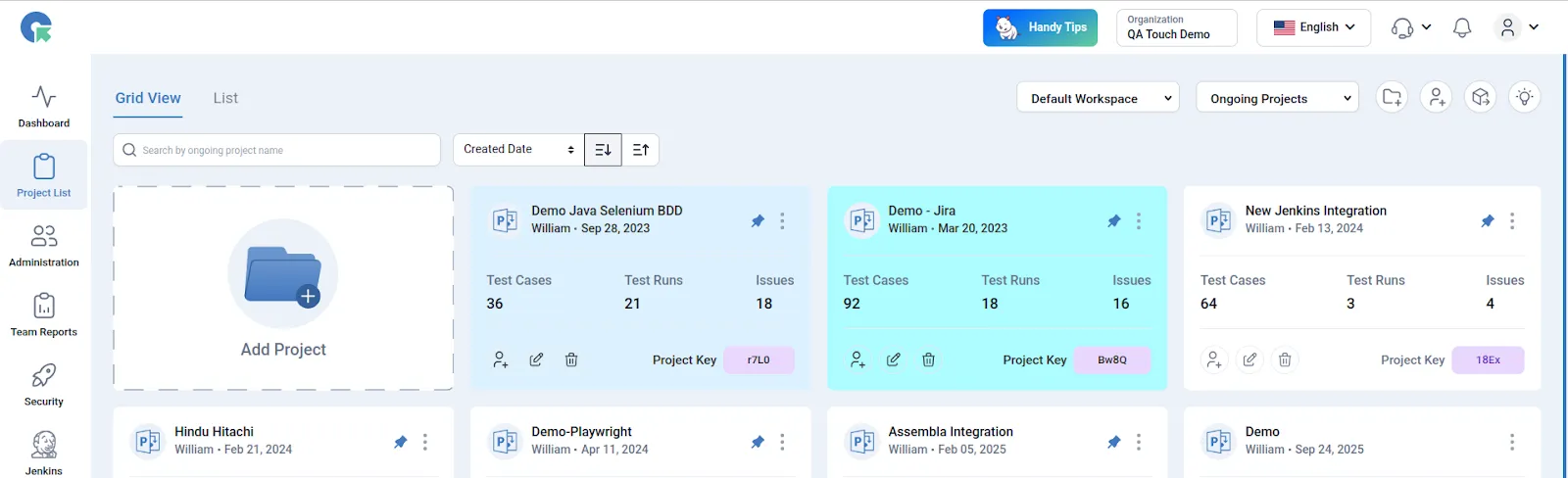  QA Touch test management interface screenshot.
