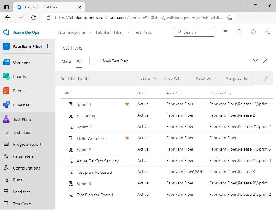Alt text: Azure Test Plans interface screenshot.