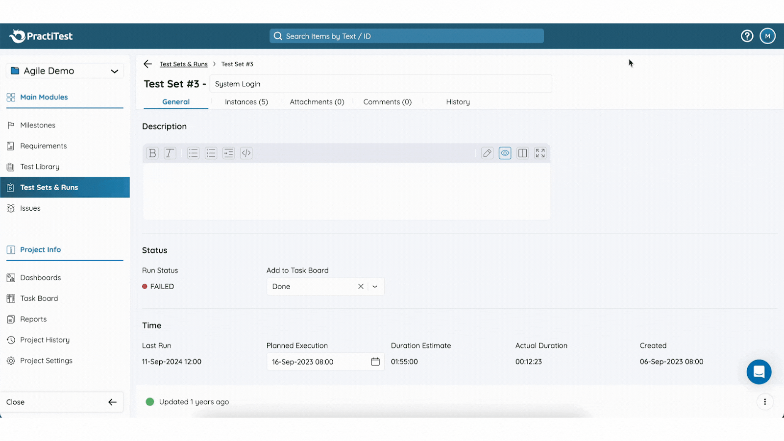 PractiTest test management interface screenshot