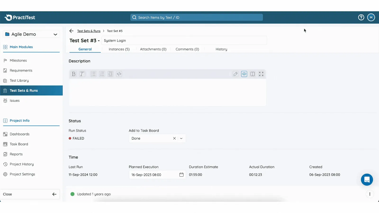 PractiTest test management interface screenshot