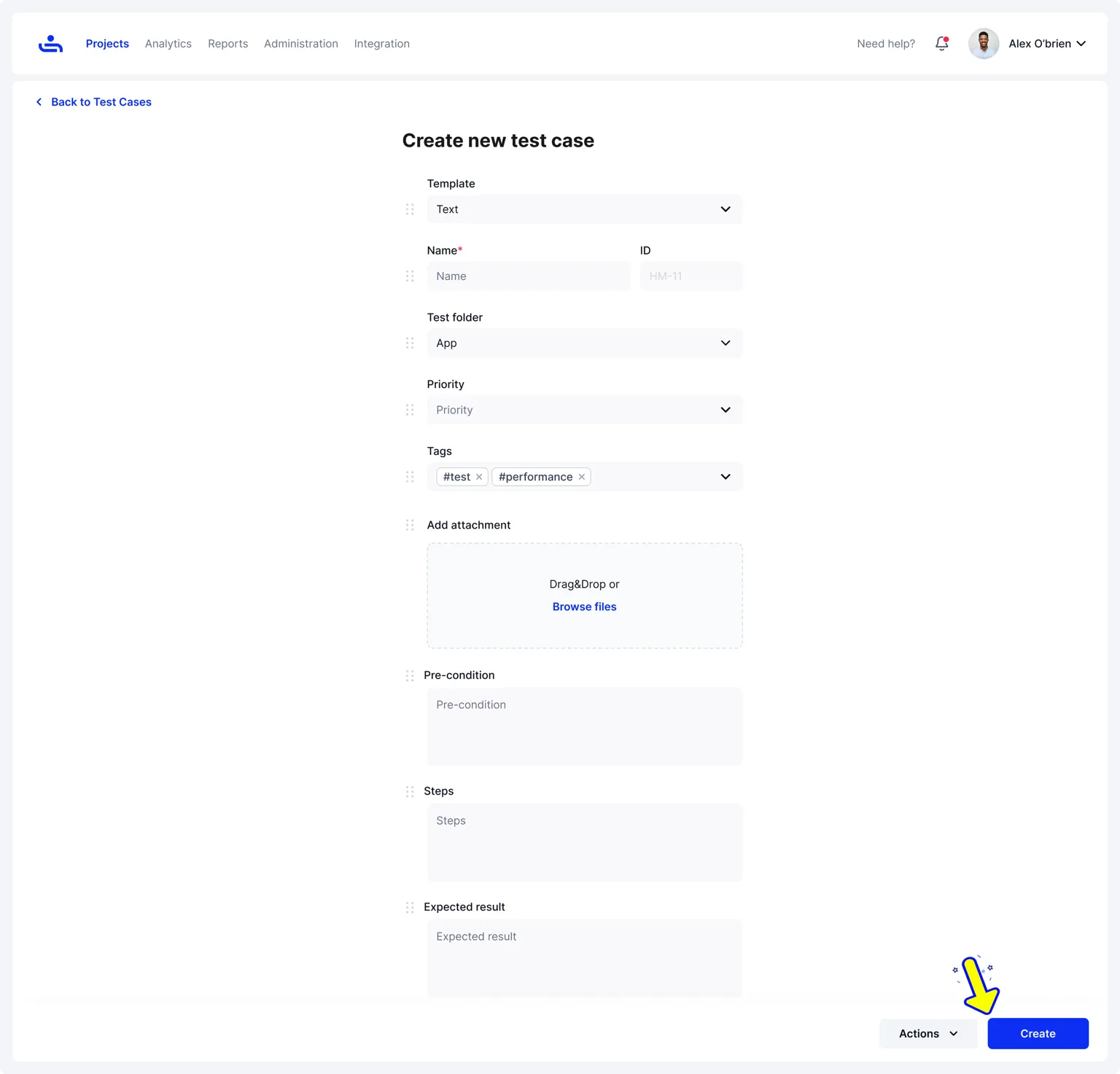 A dialogue box showing the process of creating a new test case in TestFiesta.