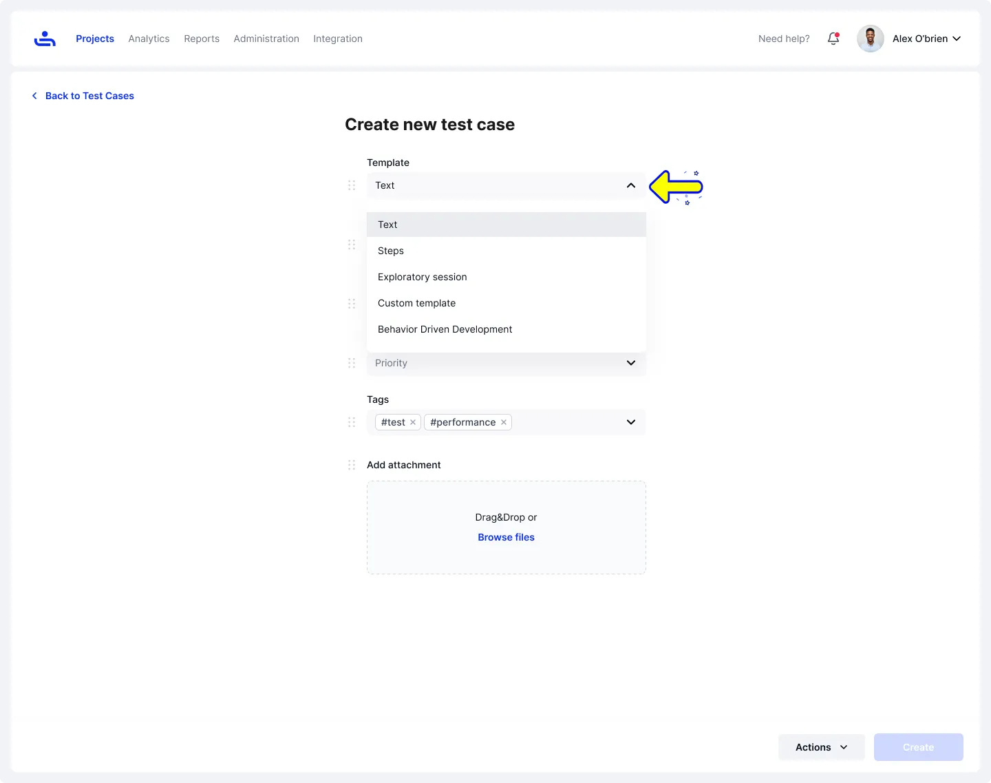 A dialogue box showing the process of creating a new test case in TestFiesta.