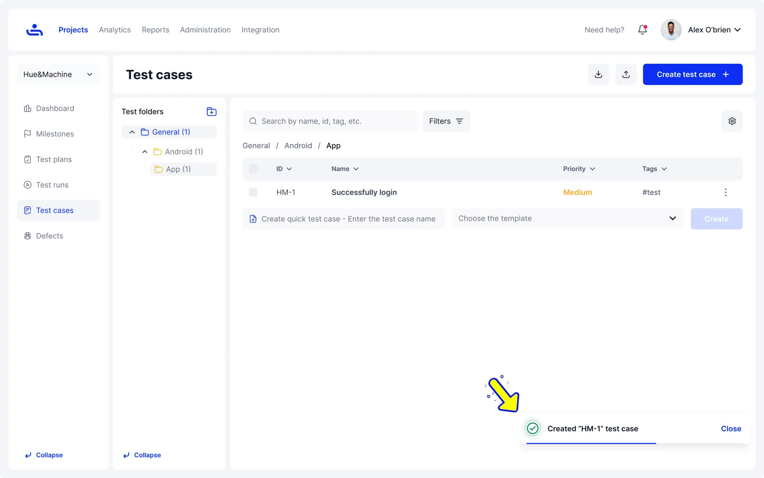 A dialogue box showing a newly written test case in TestFiesta.