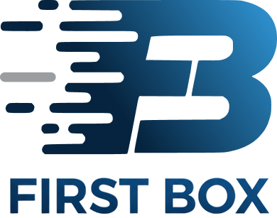 First Box company logo featuring a stylized blue letter B with streaks suggesting speed.