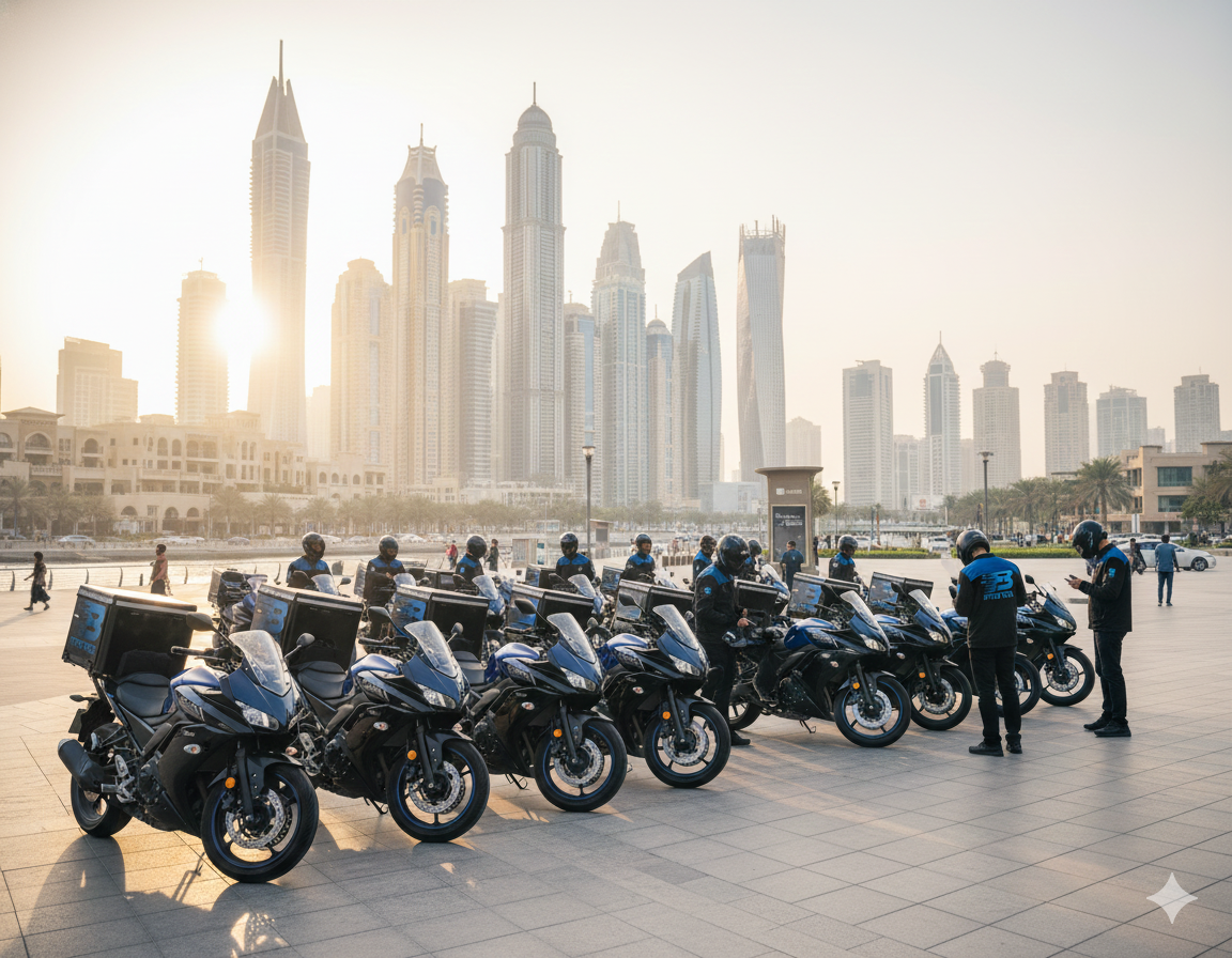 Group of motorbike delivery riders in helmets lined up with black bikes against a city skyline at sunset.