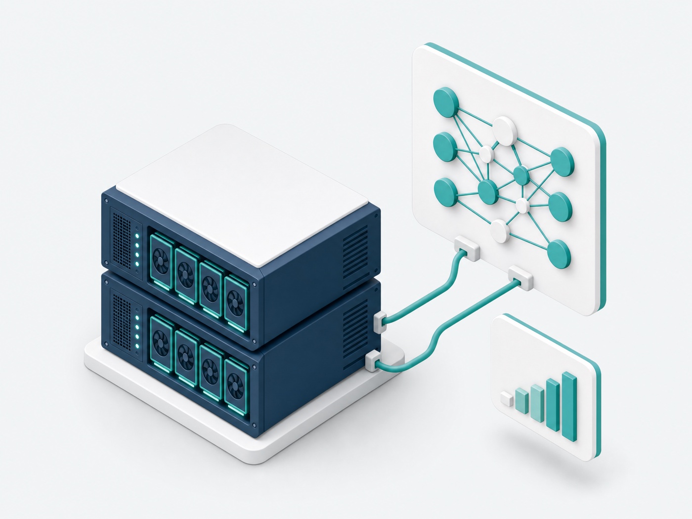 Изометрическая иллюстрация: GPU-серверы Pro-Data, связанные с AI-моделью и панелью мониторинга
