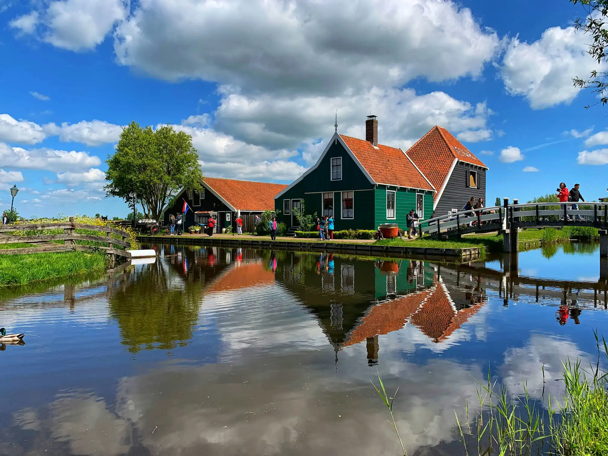 Traditionele groene huisjes langs het water op Zaanse Schans bezoeken met budget private tour
