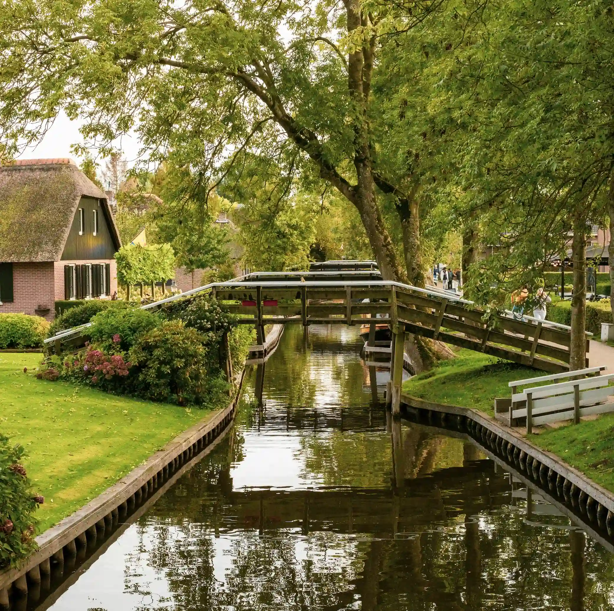 Idyllische gracht met traditionele huisjes in Giethoorn bezoeken tijdens betaalbare dagtrip vanuit Amsterdam